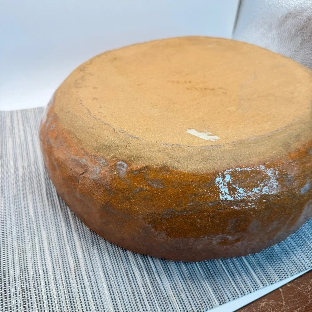 Signed Studio Pottery Terracotta Bowl Handcrafted Rustic Organic 12 inch Brown